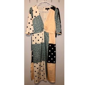 Lulu’s silk midi-dress. Multi-patchwork pattern.